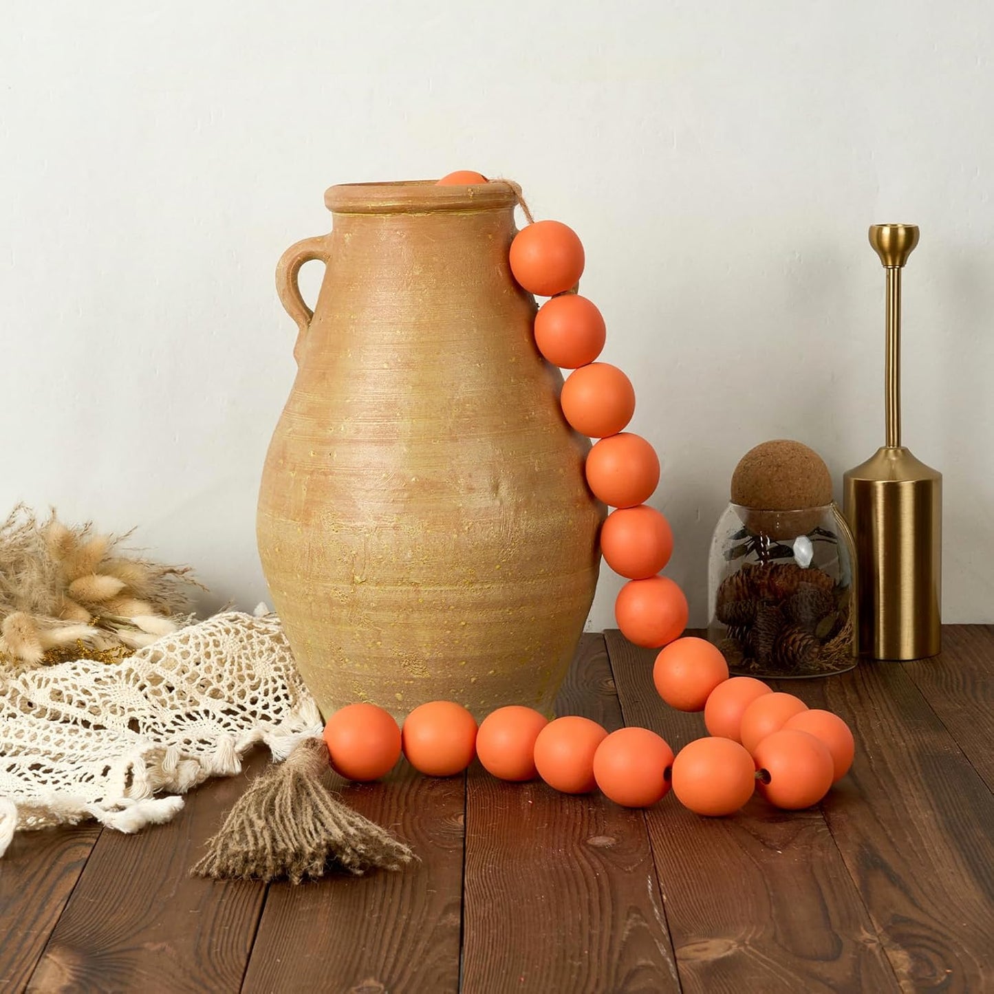 OMISHE Extra Large Wood Bead Garland with 1.6" Diameter Wooden Beads and Tassels, 41" Long Rustic Farmhouse Country Decorative Beads for Home Tiered Tray Decor, Natural Beige