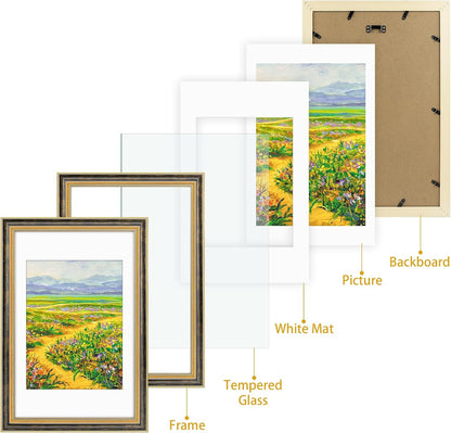 Golden State Art,11x14 Ornate Picture Frame for 8x10 Photo with Mat or 11 x 14 Prints without Mat,Real Glass Wall Display(Color:Green Gold)