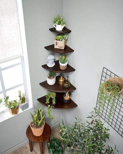 Corner Shelves, Floating Corner Shelf, Set of 2 7inch Solid Oak Wood Wall Shelves, Round End Wall Mount with Wire Hole Shelving for Small Plant for Bedroom Kitchen, Living Room
