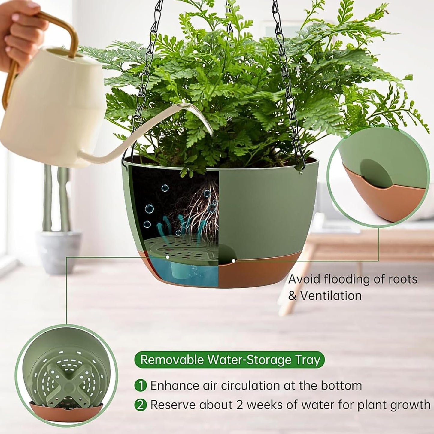Set of 2 Hanging Planters for Indoor Outdoor Plants, 8 Inch Self-Watering Hanging Flower Pots with Drainage Hole & Removable Water-Storage Tray (Hooks)
