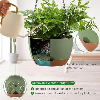 Set of 2 Hanging Planters for Indoor Outdoor Plants, 8 Inch Self-Watering Hanging Flower Pots with Drainage Hole & Removable Water-Storage Tray (Hooks)