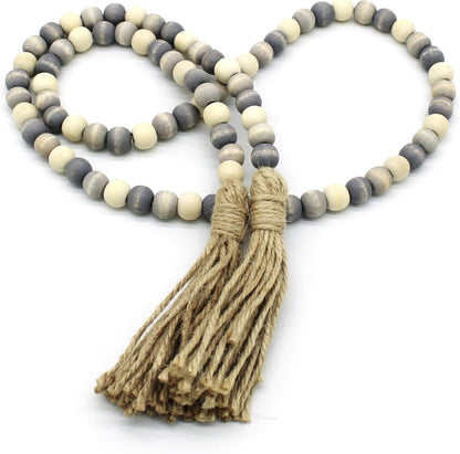 CVHOMEDECO. Wood Beads Garland with Tassels Farmhouse Rustic Wooden Prayer Bead String Wall Hanging Accent for Home Festival Decor. Mix Distressed