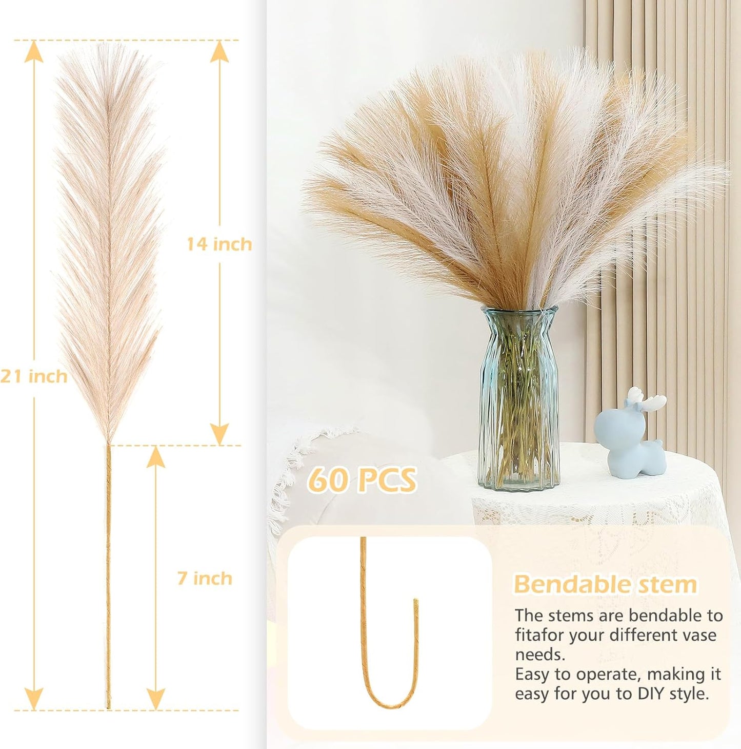 Pampas Grass Decor 30 Pcs 21.7 Inch Faux Brown Pampas Grass Bulk Artificial Dried Flowers Small Vase Filler Pompas Grass.