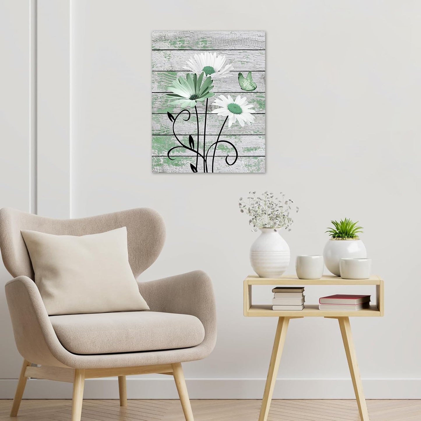 HVEST Farmhouse Floral Wall Art for Living Room, Blue and White Daisy Flower and Butterfly on Rustic Wood Board Canvas Wall Art Framed Artwork Ready to Hang for Bathroom Bedroom Decor, 16L X 12W