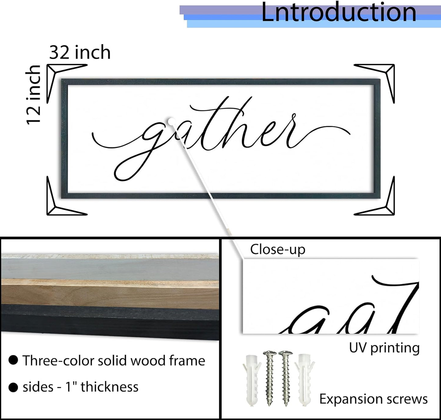 FZMHASLWW Gather Sign Wall Decor 32"×12" Large Wooden Framed for Dining Room Simple Home Kitchen Hanging Art (Wood)