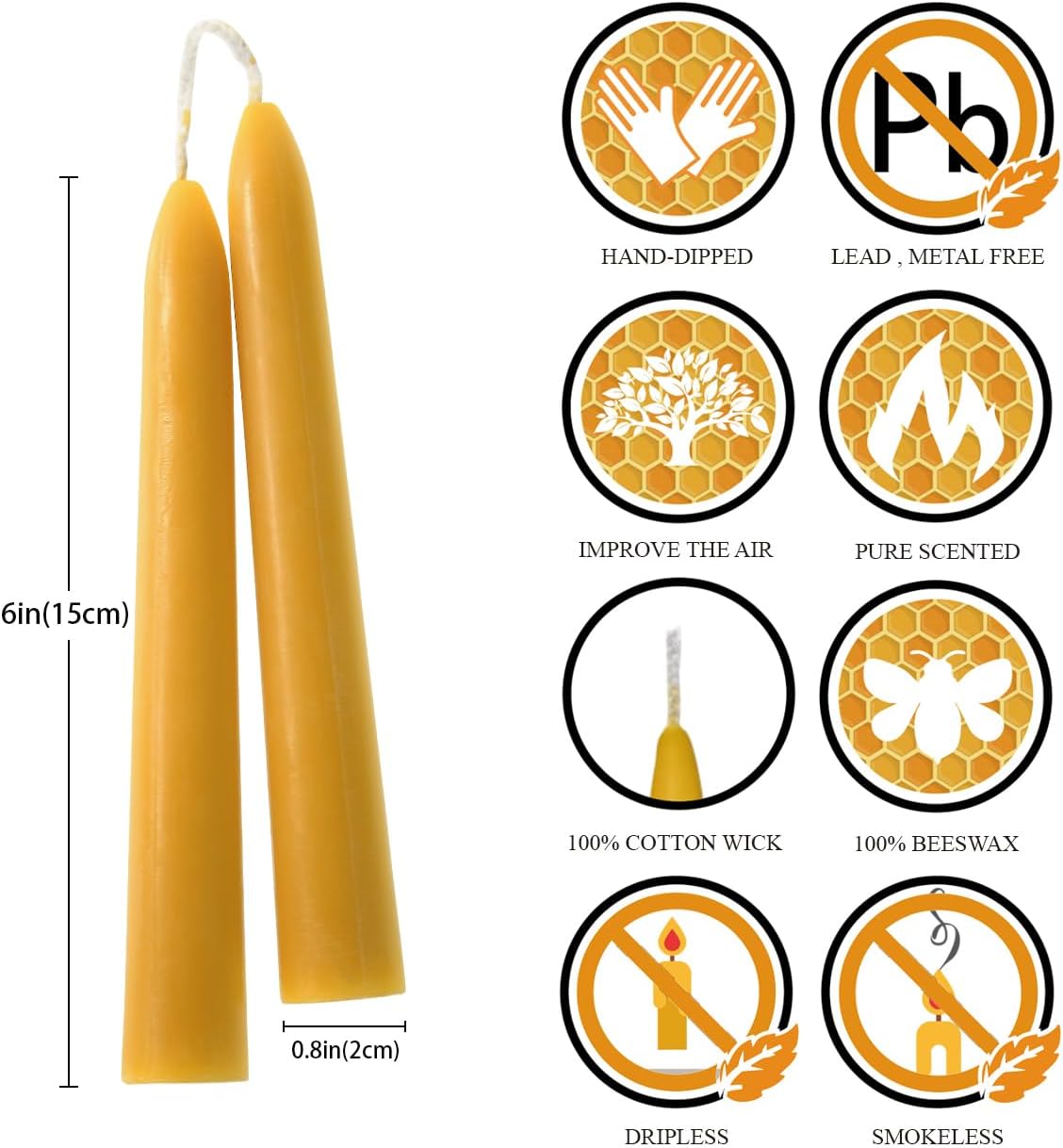 Natural Beeswax Taper Candles, DEYBBY Smokeless and Dripless Beeswax Candles, Long Lasting Burning, Nontoxic, 8 inch, 6 Pack