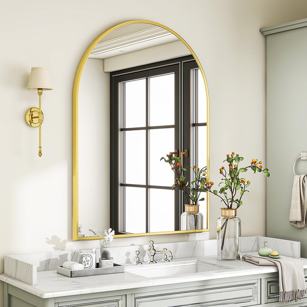VooBang Arched Wall Mirror, 24 x 36 inch Arch Bathroom Mirror, Wall Mounted Vanity Mirror with Arch Metal Frame, Modern Bathroom Vanity Mirror for Bedroom, Living Room, Hanging or Leaning, Black