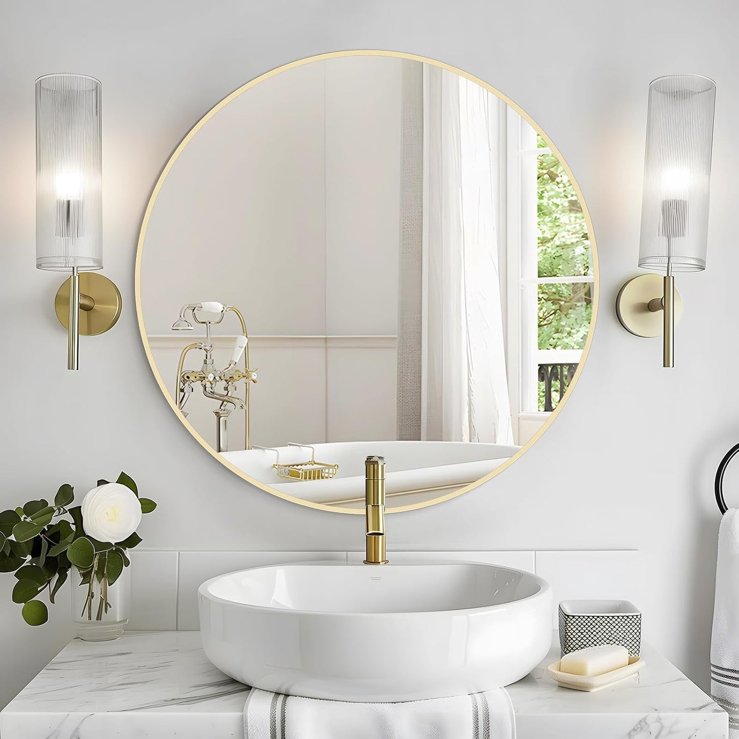 WallBeyond Wood Round Mirror with Wood Frame 24 inch Circle Wall Mirror for Bathroom Round Wall Mirror for Wall Decor, Vanity, Entryway Living Room (Walnut)