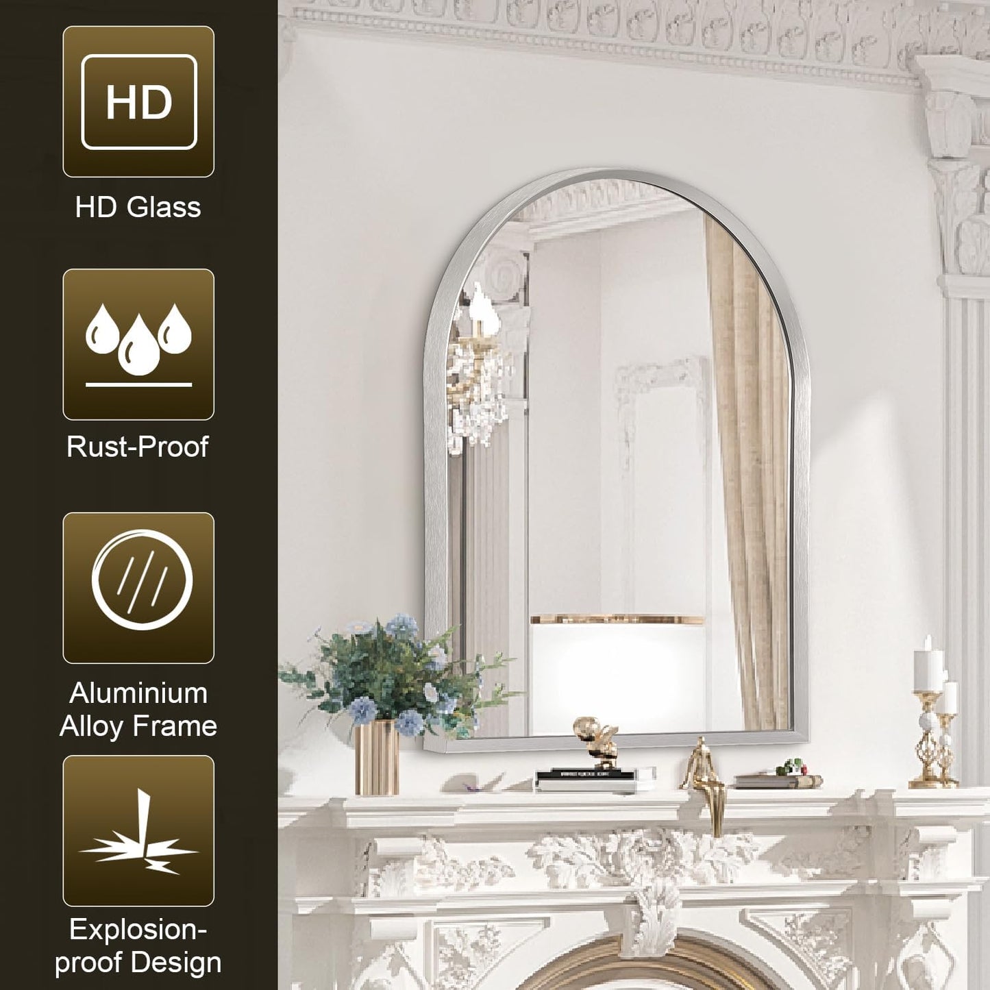Black Arched Mirror, Modern Bathroom Wall Mirror Aluminum Alloy Framed Mirror Brushed Metal Vanity Wall Mounted Mirror for Livingroom Bedroom Entryway Room 16"x12"
