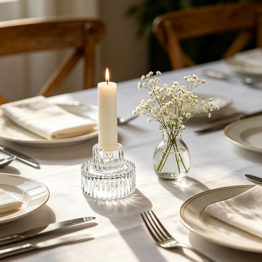 Hosley Set of 24 Glass Taper Candle Holders – Clear Candlestick Holder Set for Weddings, Table Centerpieces, Dinner & Home Décor (2.5” H)