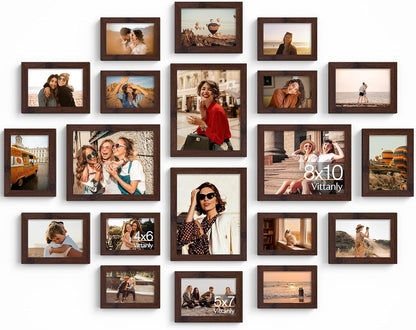 Vittanly 20 Pack Picture Frames Collage Wall Decor, Multi Sizes Including 4pcs 8x10, 8pcs 5x7 and 8pcs 4x6 Photo Frames, Gallery Frame Set for Wall or Tabletop Display, Black, Brown and Dark Grey