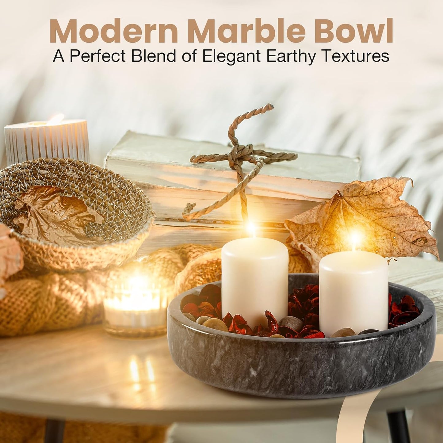 FNTSTICGOODS Travertine Decorative Bowl - 7.8” Diameter & 2” Height - Key Bowl for Entryway Table - Organic Modern Centerpiece - White/Gray
