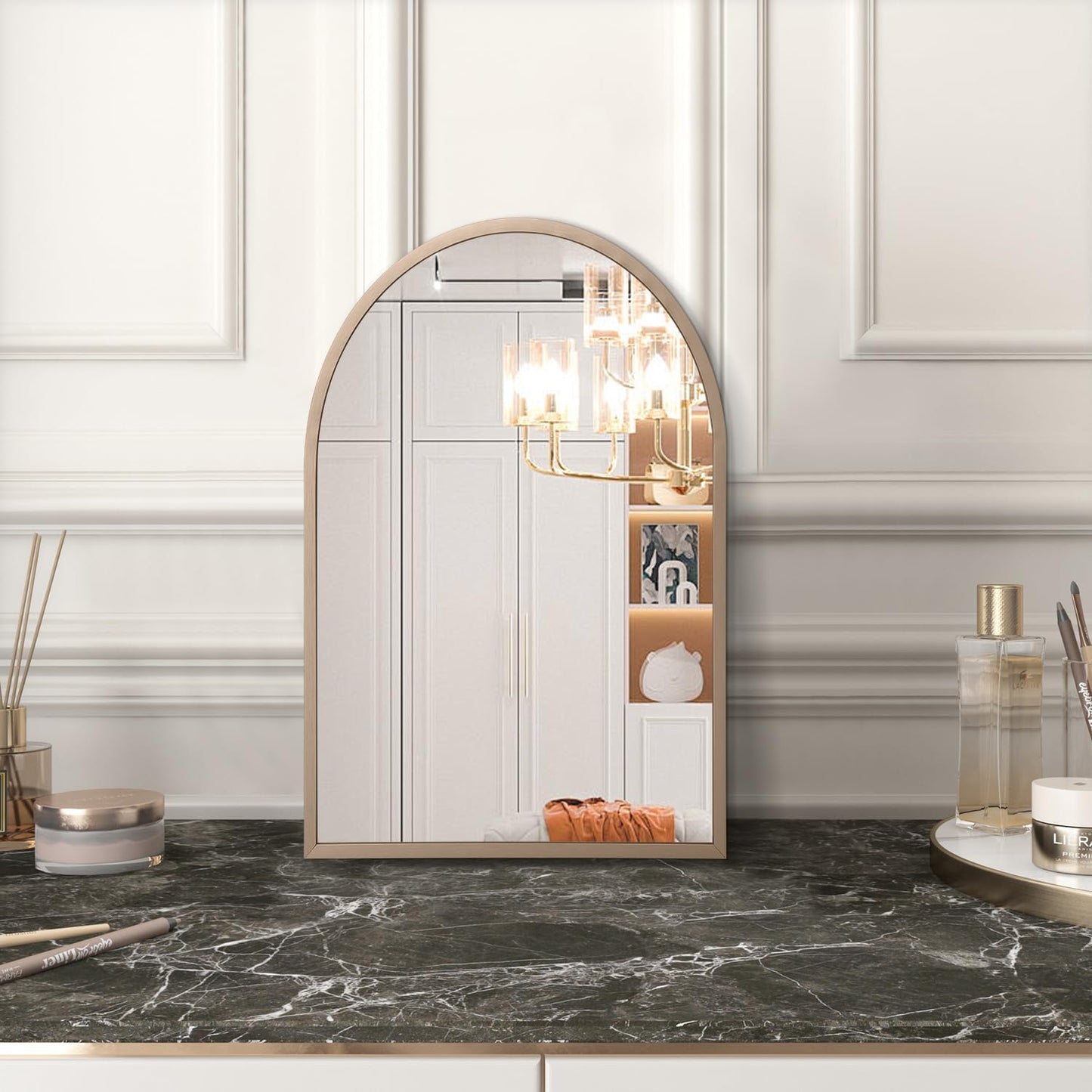 Black Arched Wall Mirror Aluminum Alloy Frame Bathroom Mirror Brushed Metal Vanity Wall Mounted Mirror for LivingRoom Bedroom Entryway Room Home Decor 16"x12"