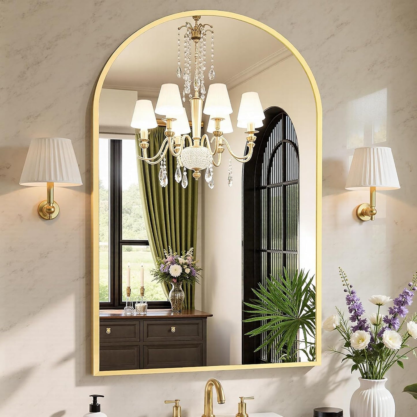 Sweetcrispy 20"x30" Arched Gold Bathroom Mirrors for Wall, Bathroom Mirrors for Over Sink, Metal Framed with HD Shatter-Proof Glass for Entryway, Living Room, Bedroom