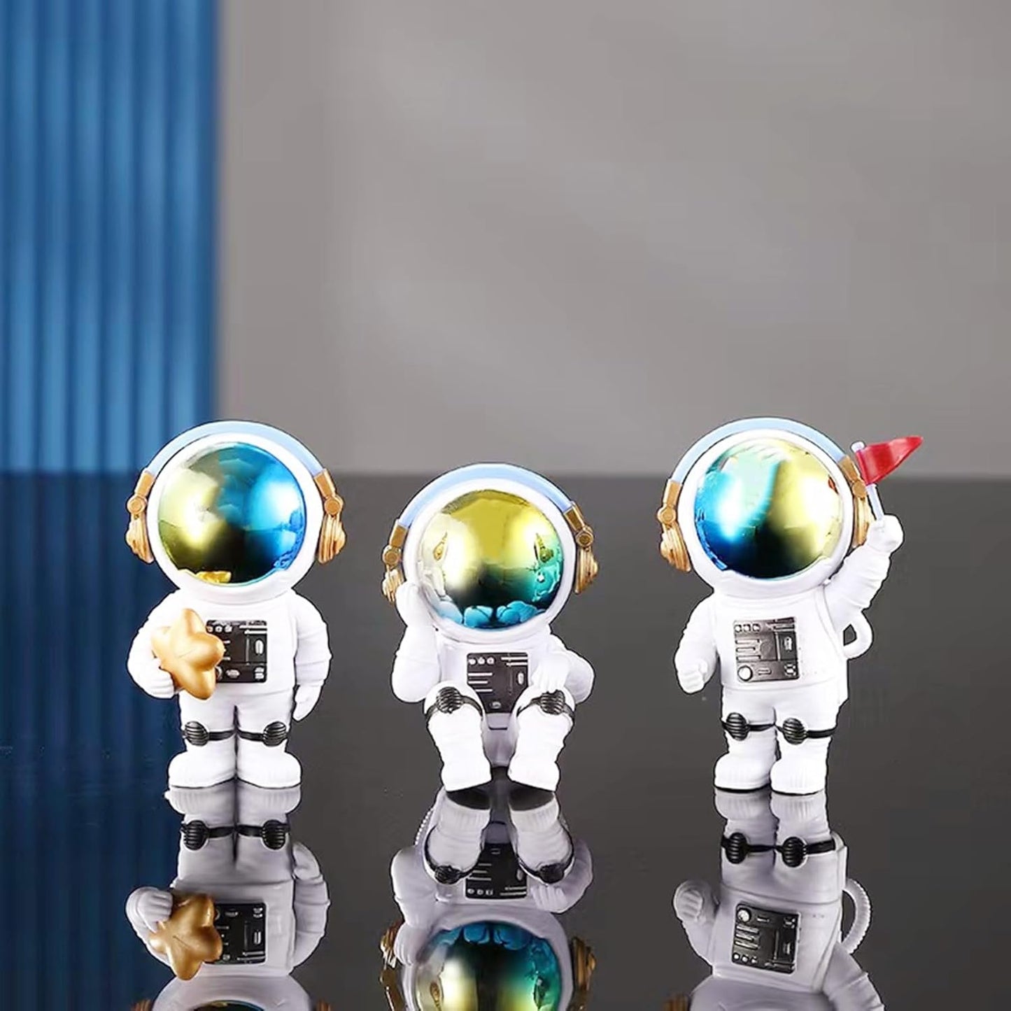 Blue White Astronaut Statues Set of 4, Spaceman Sculpture Figurines Outer Space Theme Decor for Nursery Room Cake Topper