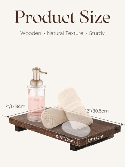 Wood Tray Pedestal Stand, 9 x 6 Inch Decorative Farmhouse Bathroom Decor, Small Rustic Wooden Soap Dish Holder Riser for Kitchen, Counter, Sink, Vanity, Table, Coffee Bar, Brown