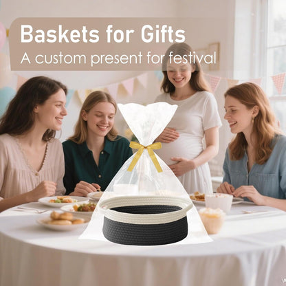 JMvicyroam Woven Basket,Small Rope Storage Bin with Handles & Ribbon Bag, Organizer for Shelves Closets,Gift Basket Empty for Birthday,Books,Dog Toys,White