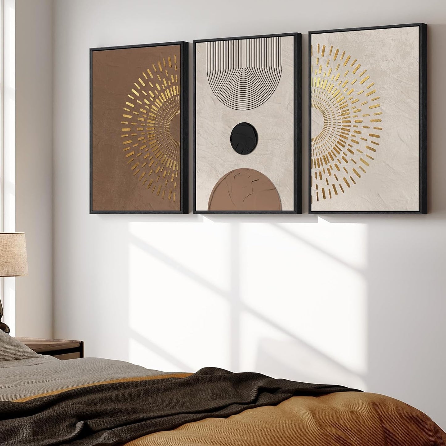 Large Framed Neutral Abstract Wall Art for Living Room, 3 Piece Modern Canvas Prints Paintings Artwork for Walls, Black and Beige Pictures for Living Room Hallway Stair Office Wall Decor 24x36 Inch