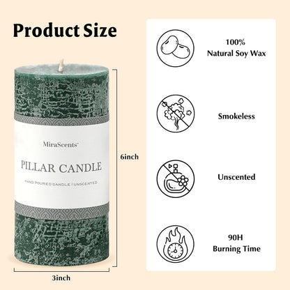 3x6 Inch Sage Green Pillar Candles Set of 3 - Unscented Spring, Long Clean Burning, Large Smokeless Dripless for Home Decor, Dinner Table, Bathroom, Rustic Decor