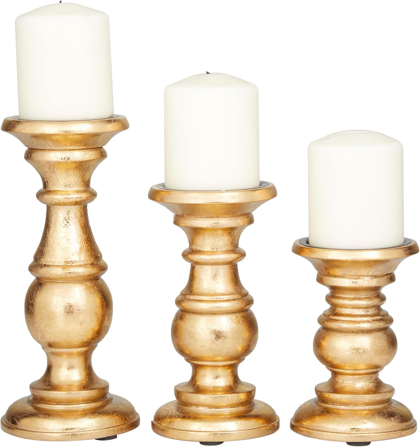 Deco 79 Mango Wood Decorative Candle Holder Distressed Turned Pillar Candle Stand, Set of 3 Candlestick Holder 6", 8", 10"H, Light Blue