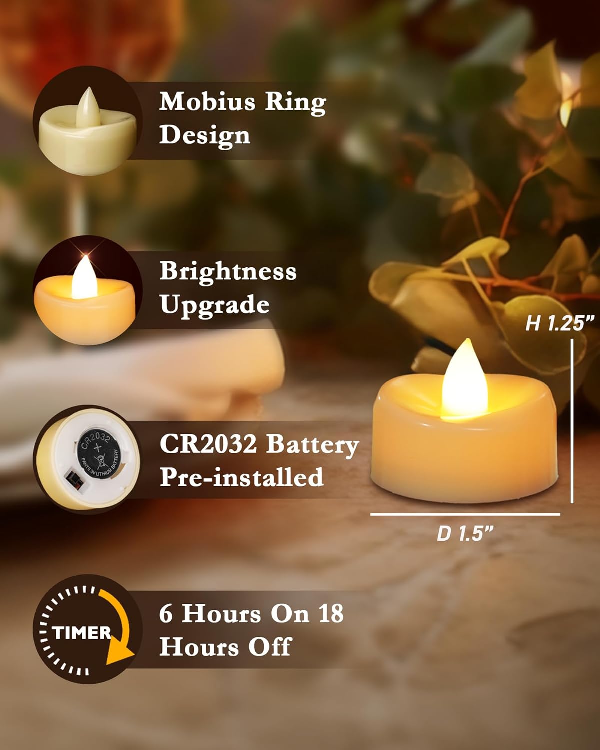 merrynights LED Candles, Tea Lights Candles Battery Operated Bulk, 50-Pack Long-Lasting 200 Hours Flameless Tealight Candles, Realistic Tea Lights for Christmas Halloween Wedding, 1.5'' D X 1.25'' H