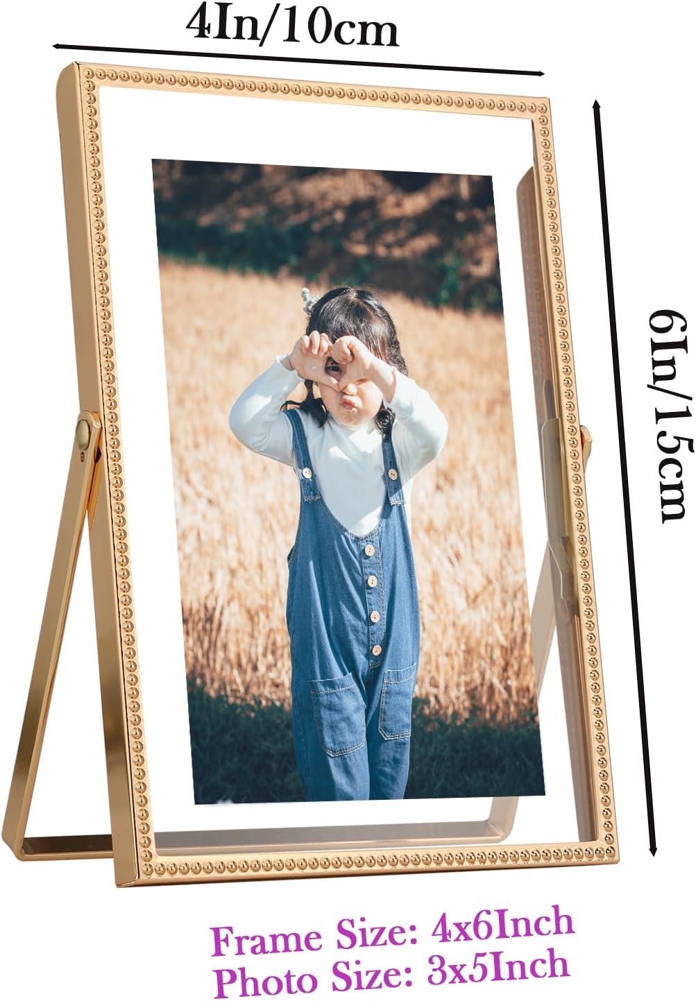 Gold 6x8'' Floating Photo Frame 2 Pack, Beaded Metal Frame Fits 3.5x5'', 4x6'' & 5x7'' Pictures, Adjustable Tabletop & Shelf Display, Elegant Wedding Gift for Home Decor