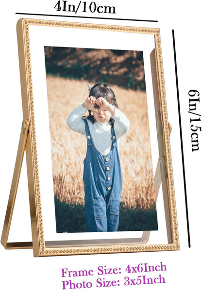 Gold 6x8'' Floating Photo Frame 2 Pack, Beaded Metal Frame Fits 3.5x5'', 4x6'' & 5x7'' Pictures, Adjustable Tabletop & Shelf Display, Elegant Wedding Gift for Home Decor