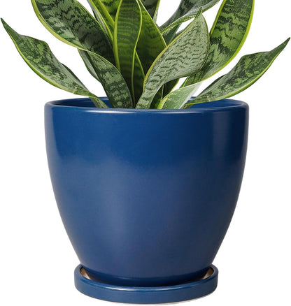 10 Inch Ceramic Planter Pot Round Plant Pot for Indoor Plants Outdoor Large Flower Pot with Drainage Hole and Saucer Blue
