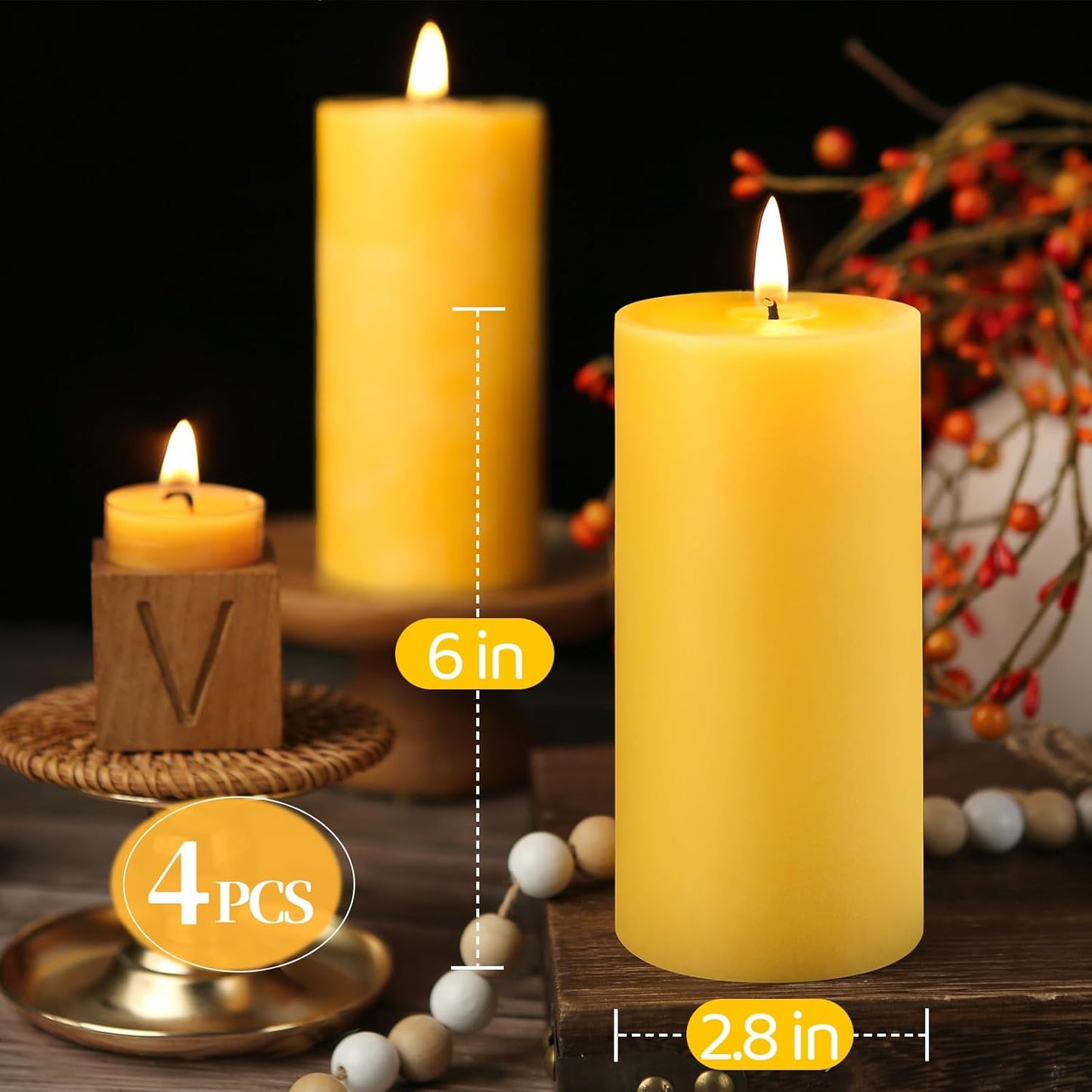 6 Pack Natural Beeswax Pillar Candles,100% Pure Beeswax Candles-210 Hours Long Burning,Organic Bees Wax Candles for Home,Emergency,Prayer,Parties,Unscented Dripless Smokeless Beeswax Candle Bulk 2x4in