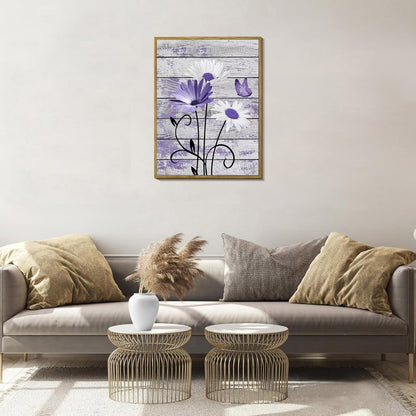 HVEST Farmhouse Floral Wall Art for Living Room, Blue and White Daisy Flower and Butterfly on Rustic Wood Board Canvas Wall Art Framed Artwork Ready to Hang for Bathroom Bedroom Decor, 16L X 12W