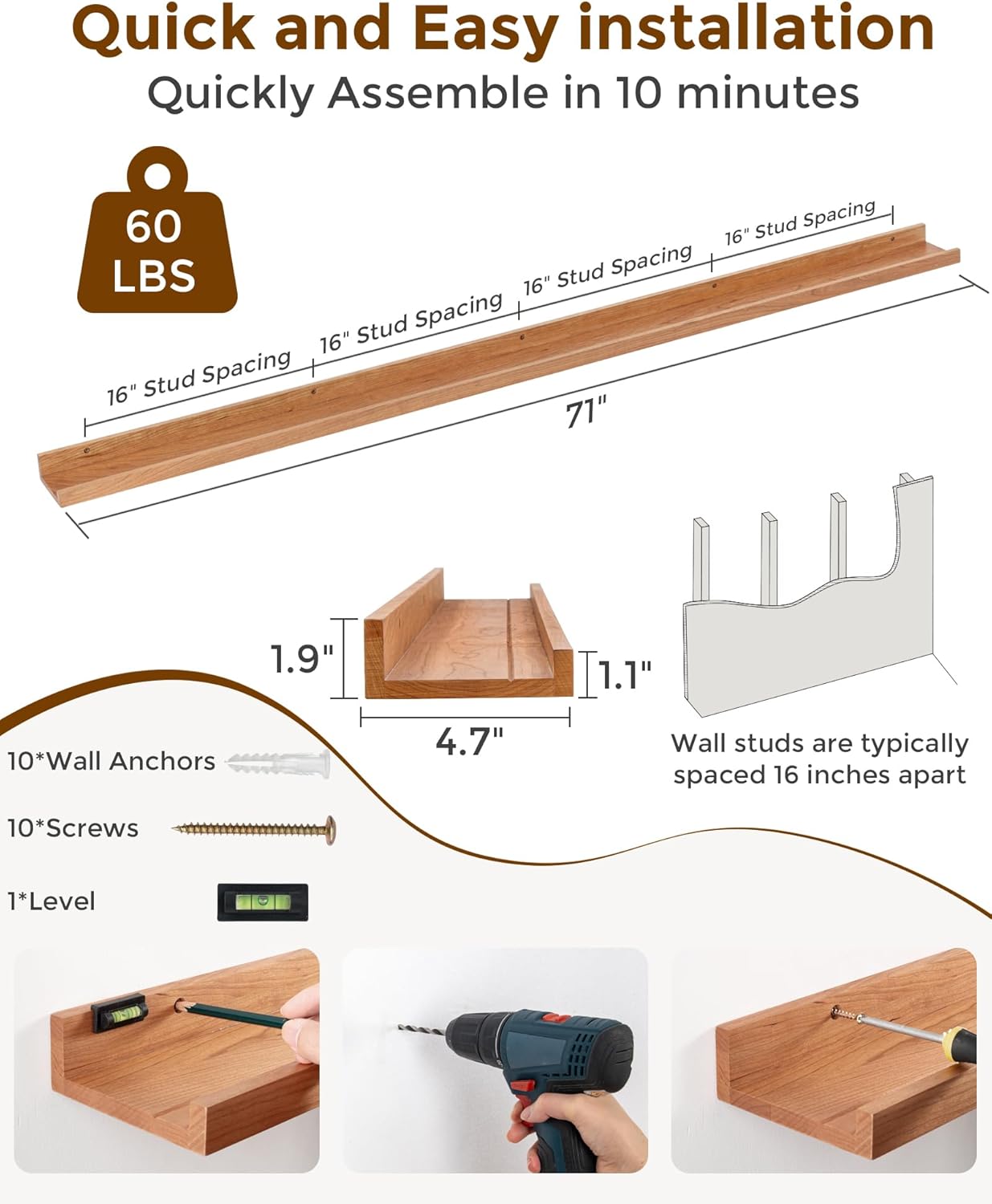 Axeman Oak Picture Ledge Shelf, 48 Inch Floating Shelves Set of 2, Solid Oak Wood Wall Shelves with Lip, Wall Decor Storage for Bedroom Living Room Bathroom Kitchen Nursery Photo Picture, Natural Oak