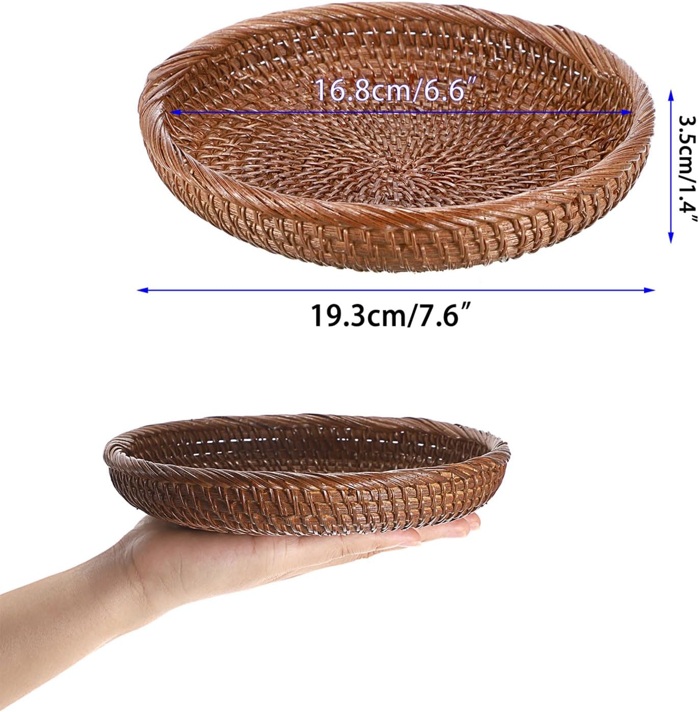 Hipiwe Small Key Basket Bowl for Entryway 7.6" Round Woven Wicker Basket Fruit Serving Tray Woven Basket Wall Decor Rattan Organizer Basket for Keys, Wallet,Whitewash