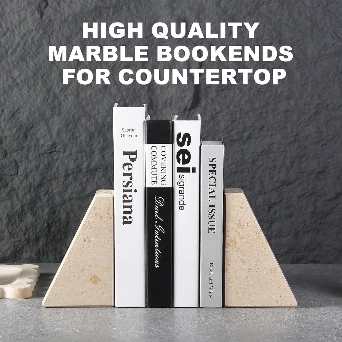Karibiber Travertine Bookends for Heavy Books, Marble Decorative Bookends for Shelves, Heavy-Duty Stone Book Ends for Hardback Book & Cookbooks, Unique Book Stopper & Holder, Travertino Italy
