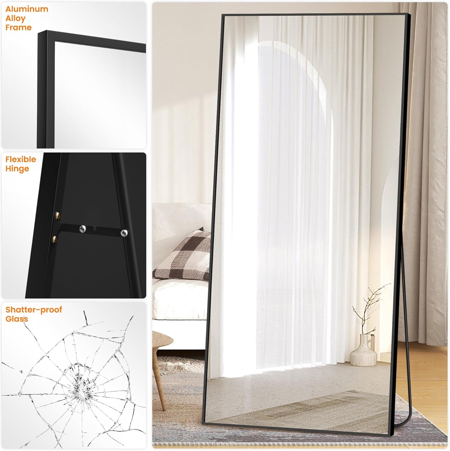 TRAHOME Full Length Floor Mirror 56"x15", Standing Mirror with Aluminum Frame, Large Body Mirror for Bedroom, Living Room and Bathroom, Black