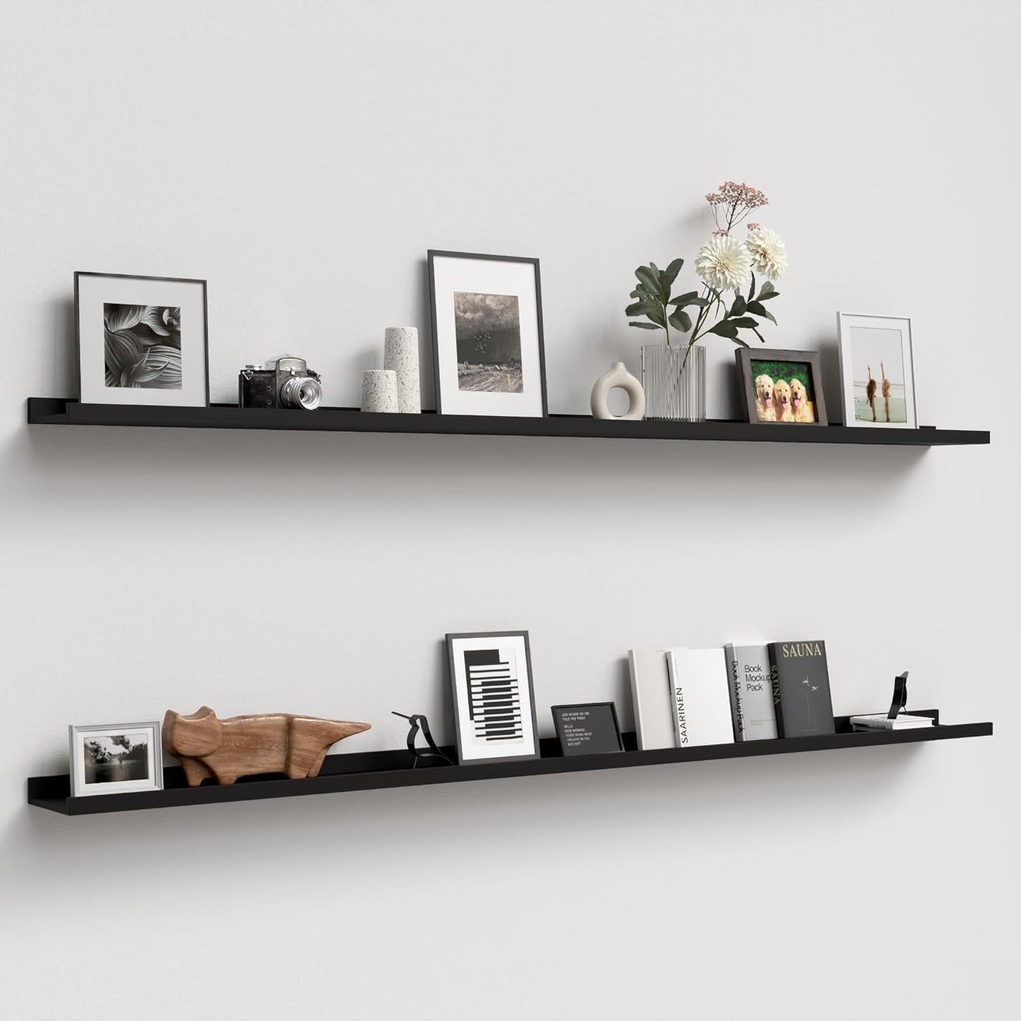 Boswillon Floating Shelves Wall Mounted Set of 2, Modern Black Wall Shelves for Storage with Lip, Display Picture Ledge Shelf for Wall Decor Bedroom Living Room Bathroom Kitchen
