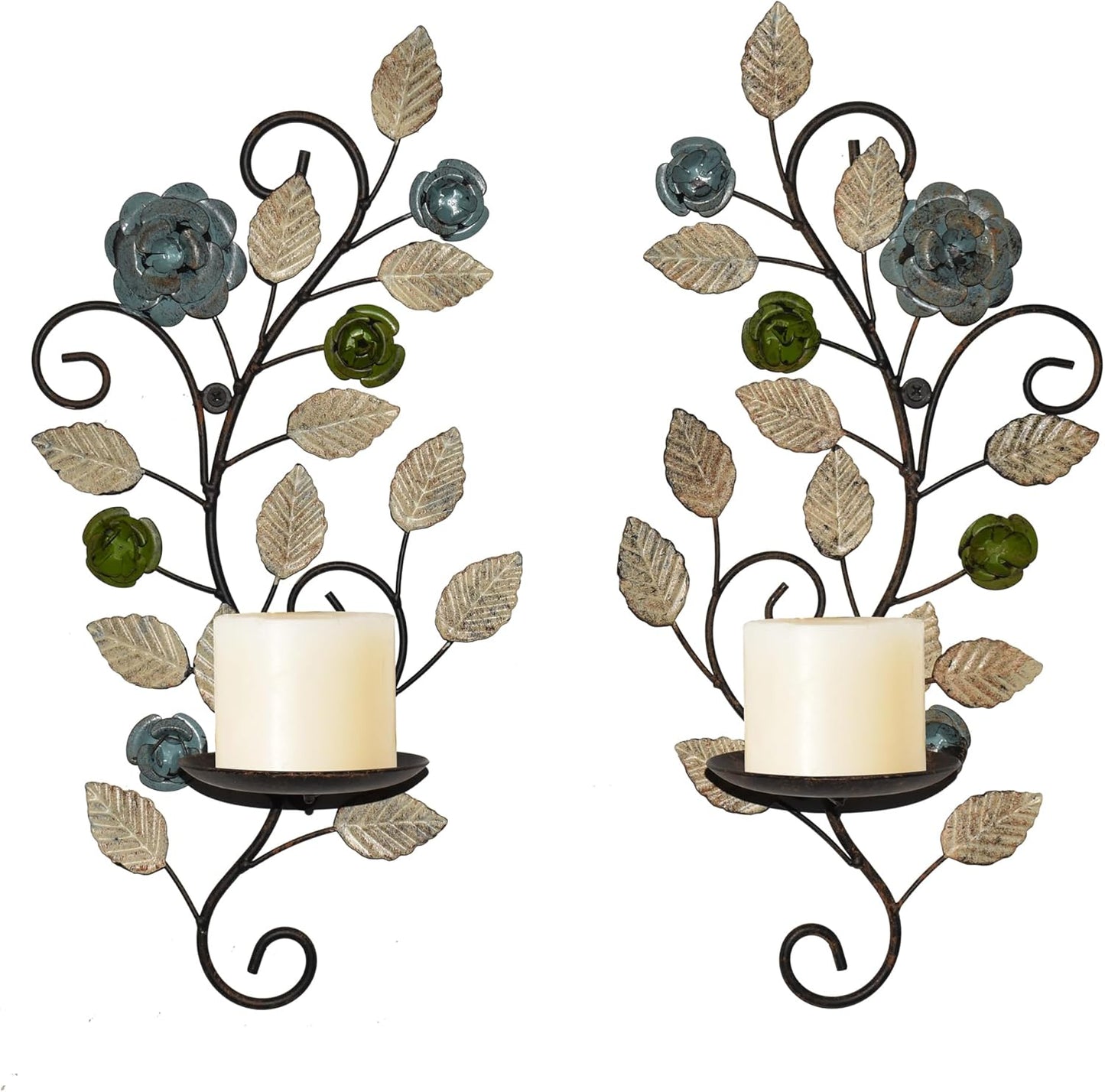 Wall Sconces Candle Holder Set of 2, Antique Multi-Color Leaf Branch Wall Mount Hanging Metal Wall Candle Holder Candle Sconce for Living Room Dining Room…