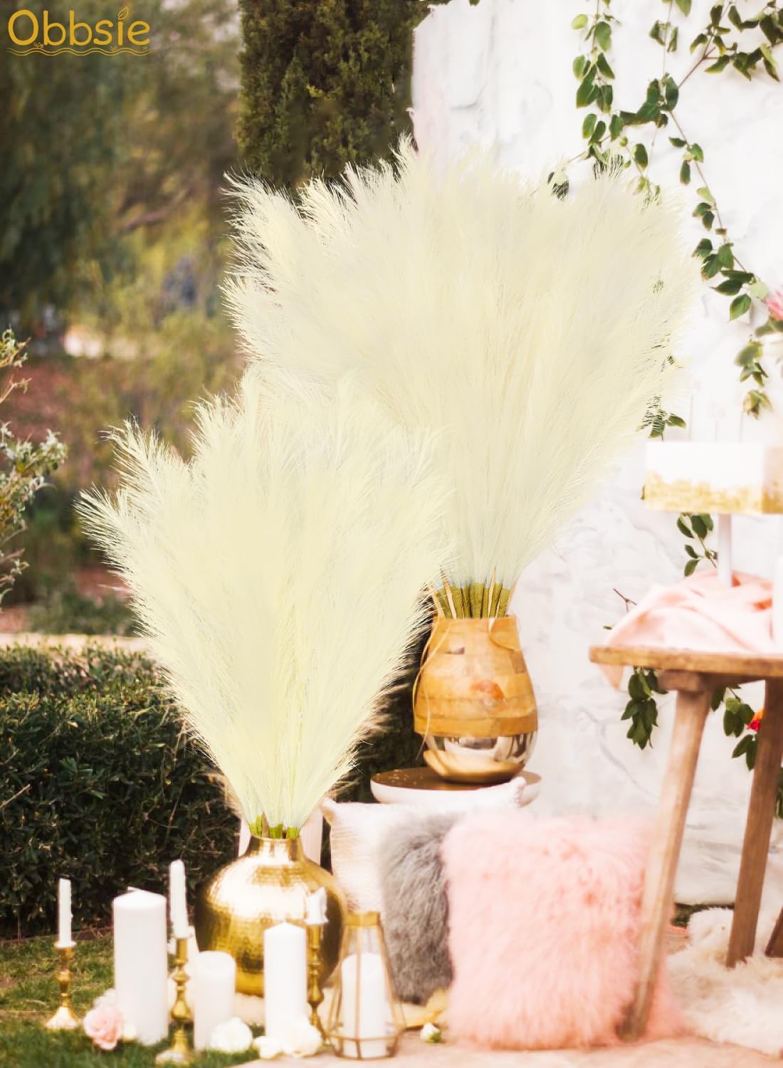 obbsie 50pcs Pink Faux Pampas Grass Decor, 21.6" Short Artificial Floral Branches Vase Filler Flower Arrangement for Home Wedding Boho Outdoor Decor