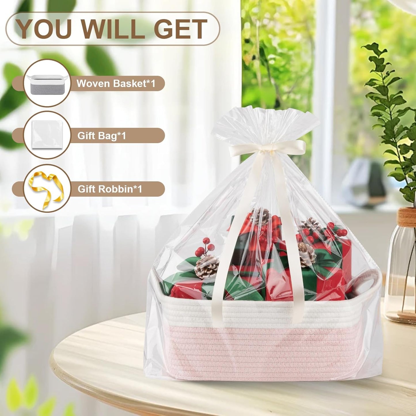 OIAHOMY Woven Basket, Gift Basket Empty with Gift Bags and Ribbons, Rope Baskets for Baby Showers, Storage Baskets with Handles for Nursery, Pet Toy Organizer - White