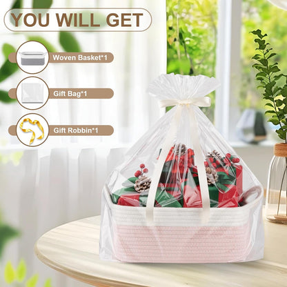 OIAHOMY Woven Basket, Gift Basket Empty with Gift Bags and Ribbons, Rope Baskets for Baby Showers, Storage Baskets with Handles for Nursery, Pet Toy Organizer - White