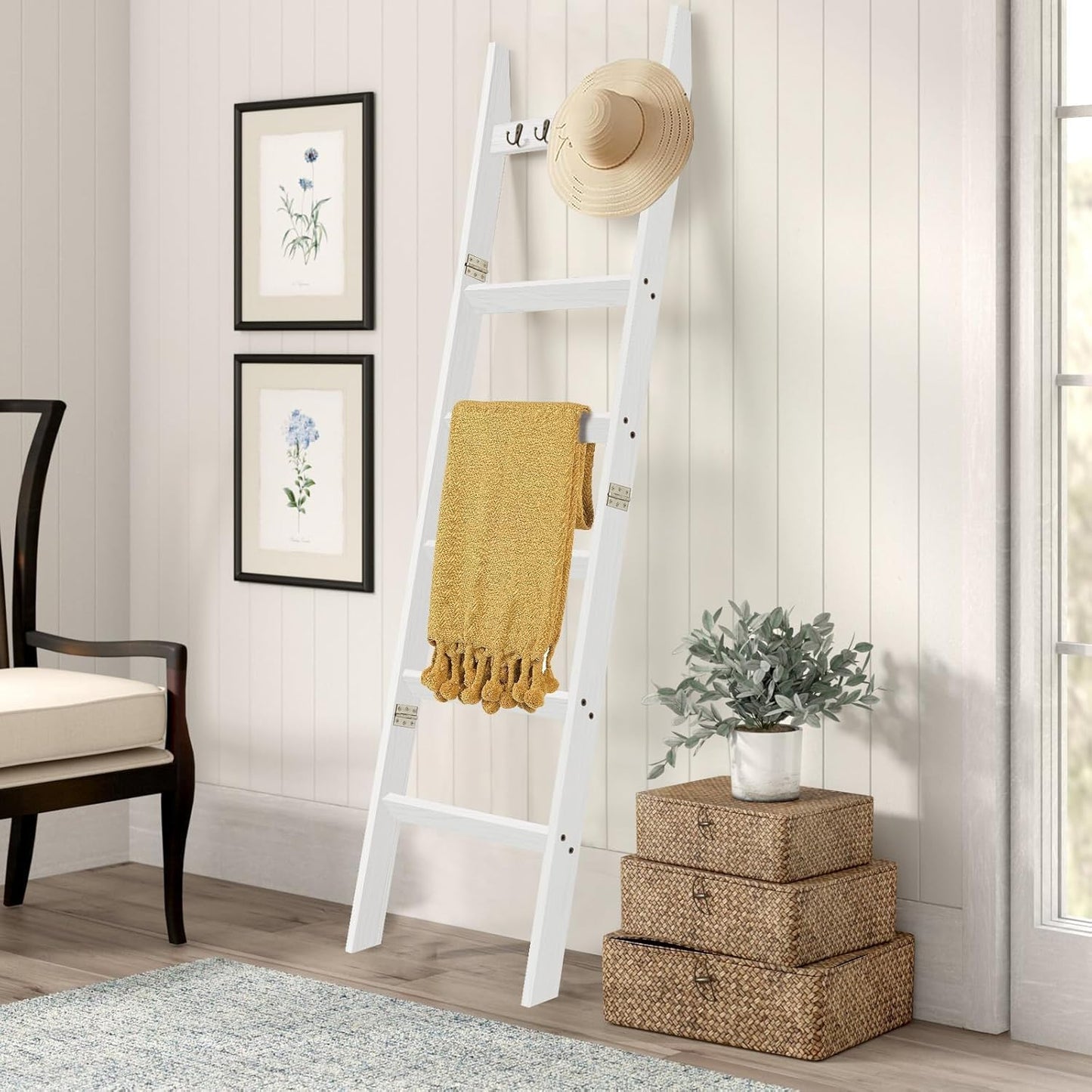 TEAKMAMA 6-Tier Blanket Ladder for Living Room and Bedroom,5.4 Ft Wall Leaning Quilt Rack with Hooks,Rustic Decorative Farmhouse Blanket Storage,Stylish Ladder Holder,Christmas Decorations,Black