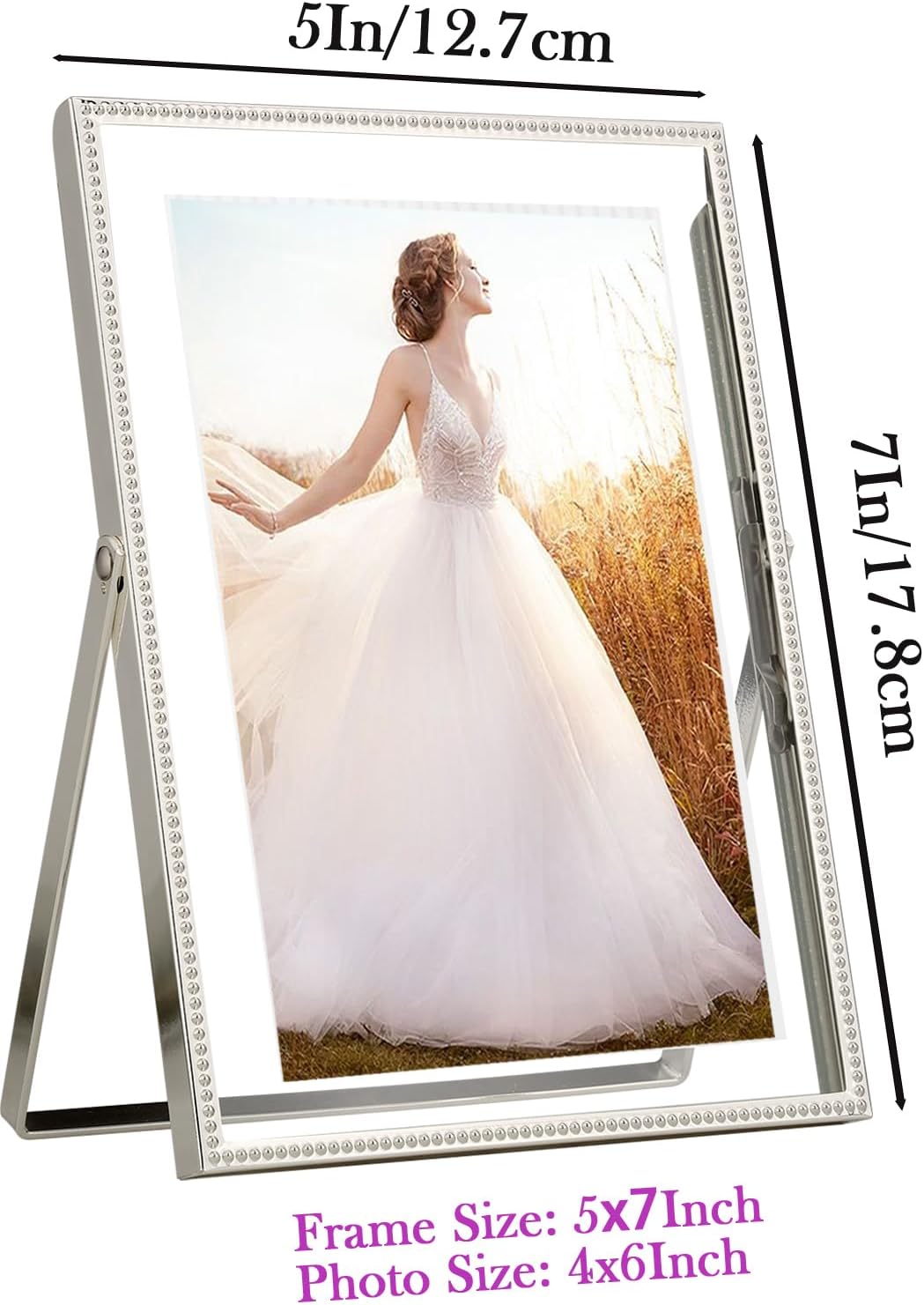 Gold 6x8'' Floating Photo Frame 2 Pack, Beaded Metal Frame Fits 3.5x5'', 4x6'' & 5x7'' Pictures, Adjustable Tabletop & Shelf Display, Elegant Wedding Gift for Home Decor
