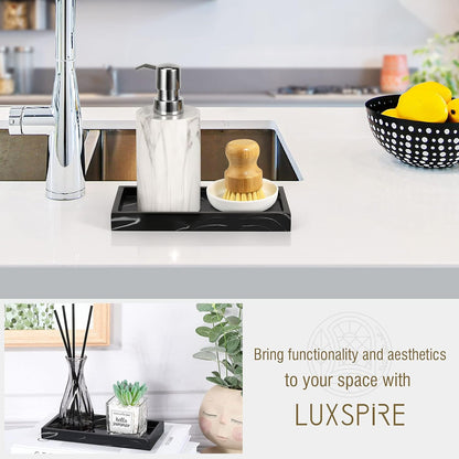 Luxspire Bathroom Vanity Tray, 8 x 4 inch Resin Kitchen Sink Tray for Soap Dispenser Bathroom Countertop Organizer Plate Holder for Perfume Soap Towel Bathroom Accessories, Mini, White Marble