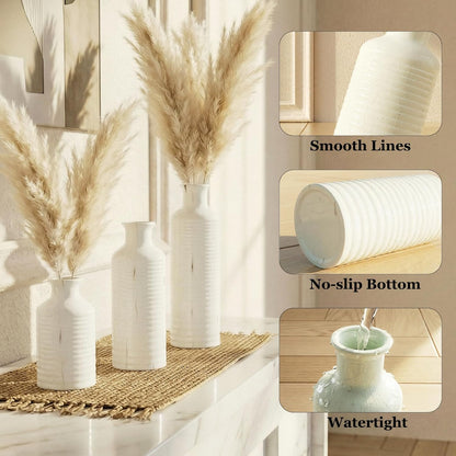 Firehold Ceramic Vase Set of 3, Rustic Home Decor Vases for Modern Farmhouse, White Boho Flower Vases for Shelf, Mantel, Table Decor, Small Decorative Vase for Dried Flowers & Pampas Grass