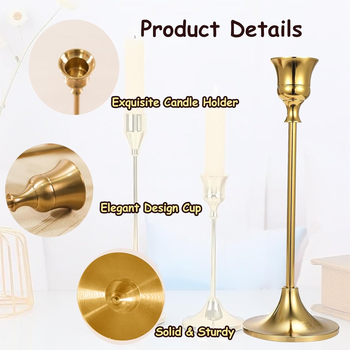 6Pcs Candlestick Holders,Brass Gold Metal Taper Candle Holder for Pillar Candles Sticks Holder for Wedding Fireplace Table Centerpiece Mantel Housewarming Gift