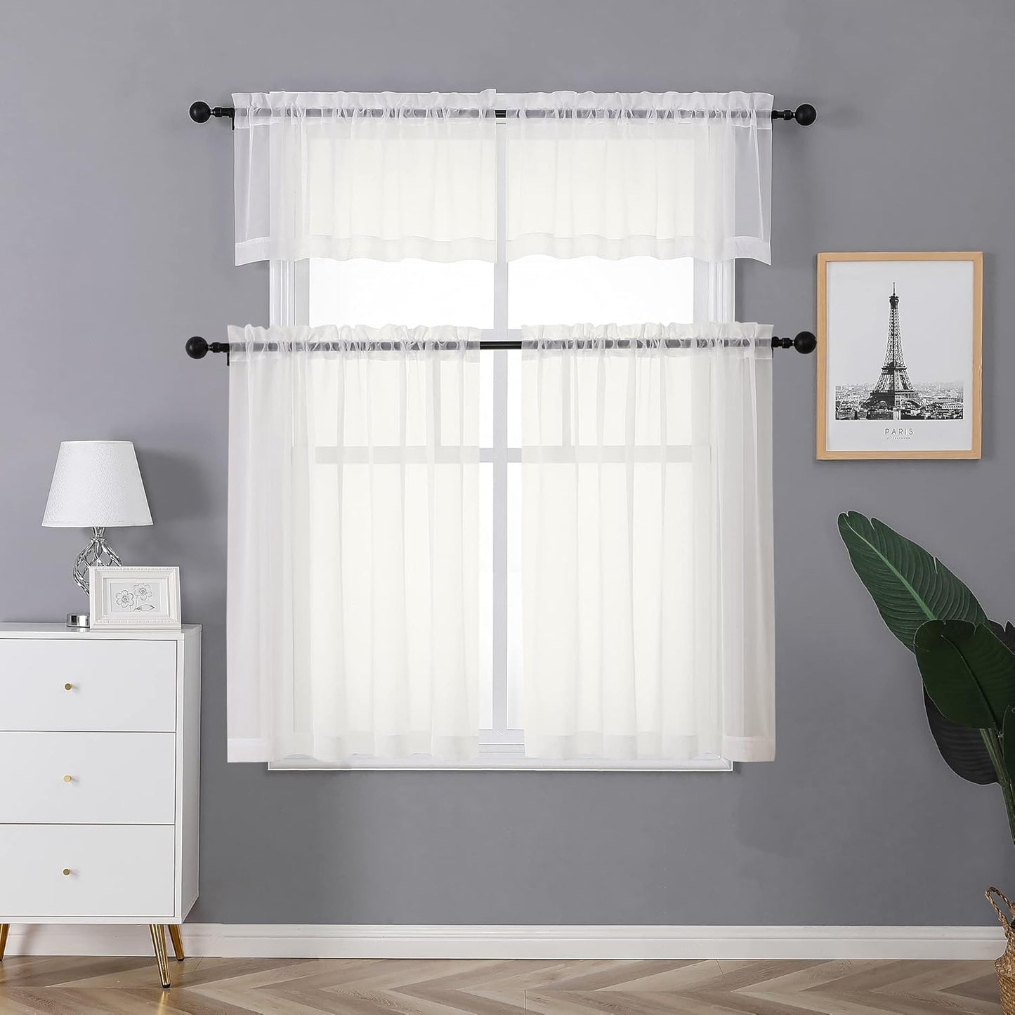 Chyhomenyc Sheer White Valances for Windows 2 Pack, Small Window Curtains for Living Room Bathroom Cafe Laundry Basement, Modern Top Dual Rod Pocket Voile Curtain, 42W x 14L inches, White - Colors C