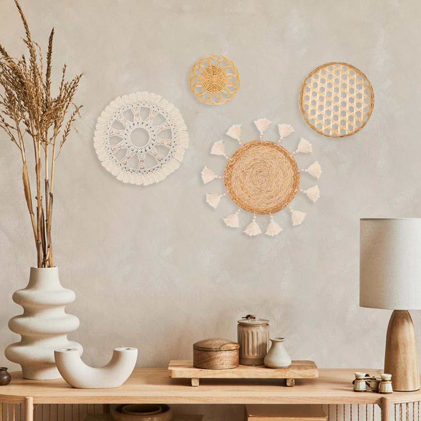 Boho Wall Basket Decor Set of 8 - Flat Woven Basket Wall Hanging Decor,Round Tassels White Macrame Tapestry Wall Decor Art,Handmade Rattan Wicker Seagrass Home Wall Baskets Decor（Boho Classic)