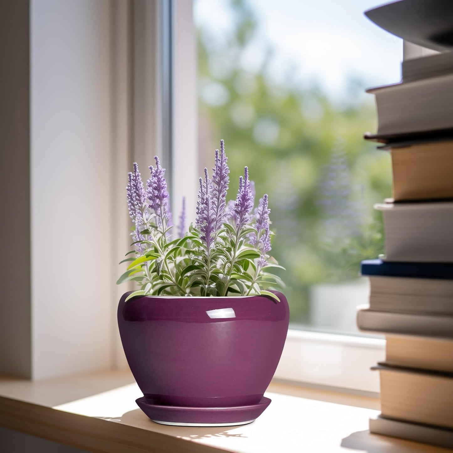Ceramic Modern Glaze Succulent Planter Pot with Drainage Hole and Saucer 6 Inch Round Flower Plant Pot for Indoor Outdoor Herb Snake Plants