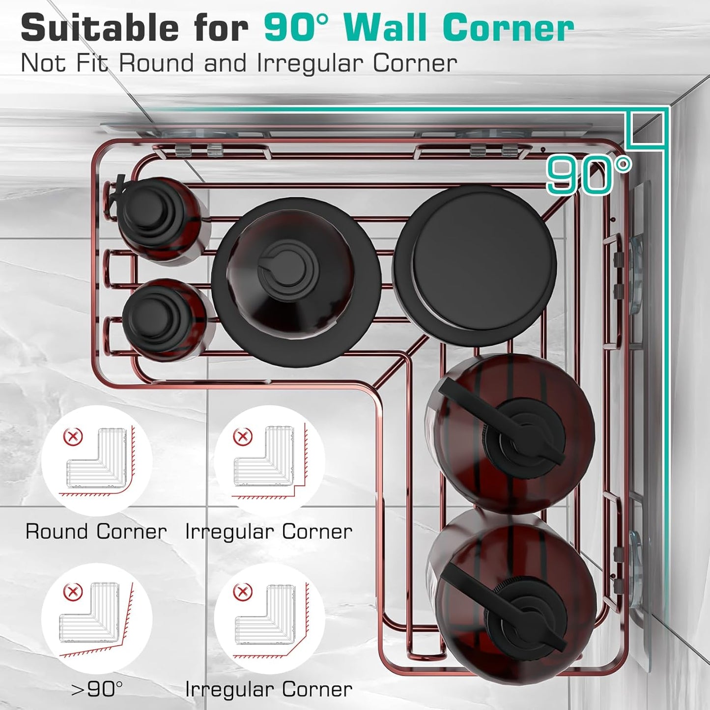 YASONIC Corner Adhesive Shower Caddy, with Soap Holder and 12 Hooks, Rustproof Stainless Steel Bathroom Organizer, No Drilling Wall Mounted Rack, Black, 3-Pack