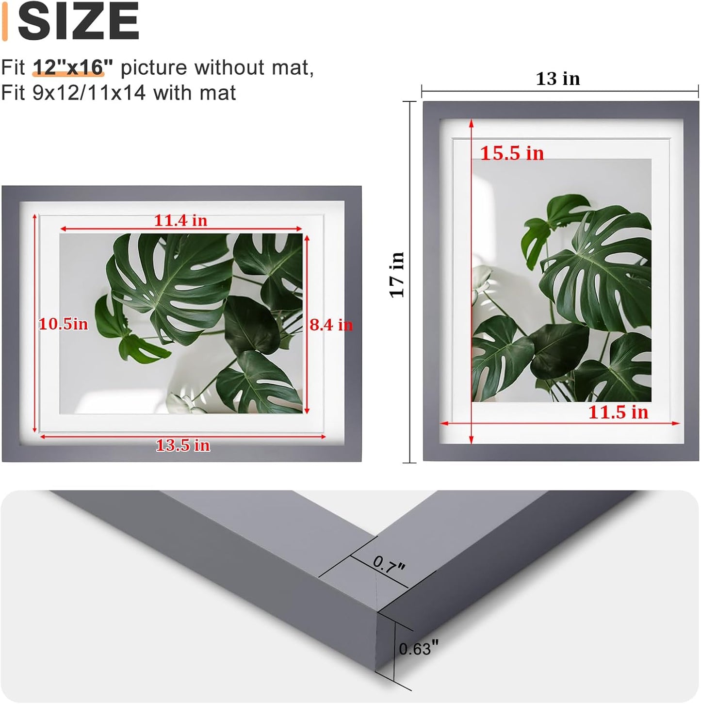 Egofine 12x16 Picture Frame Black, Covered by Plexiglass Made of Solid Wood, Display Pictures 9x12 and 11x14 with Mat or 12x16 Without Mat, for Wall Mounting Photo Frame - Colors B