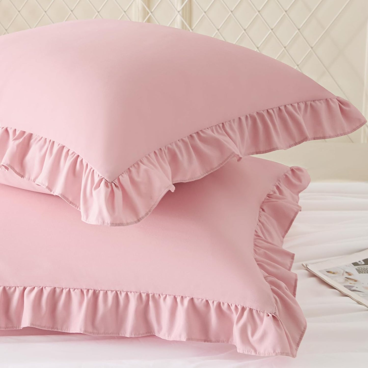 KKJIAF Ruffle Pillow Cases 26x26 Inches, White Square Ruffled Pillow Covers Set of 2, Microfiber Wrinkle Resistant Pillow Shams with Envelope Closure for Sofa Bed Living Room